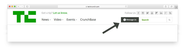 TechCrunch prominently displays a "Message Us" button